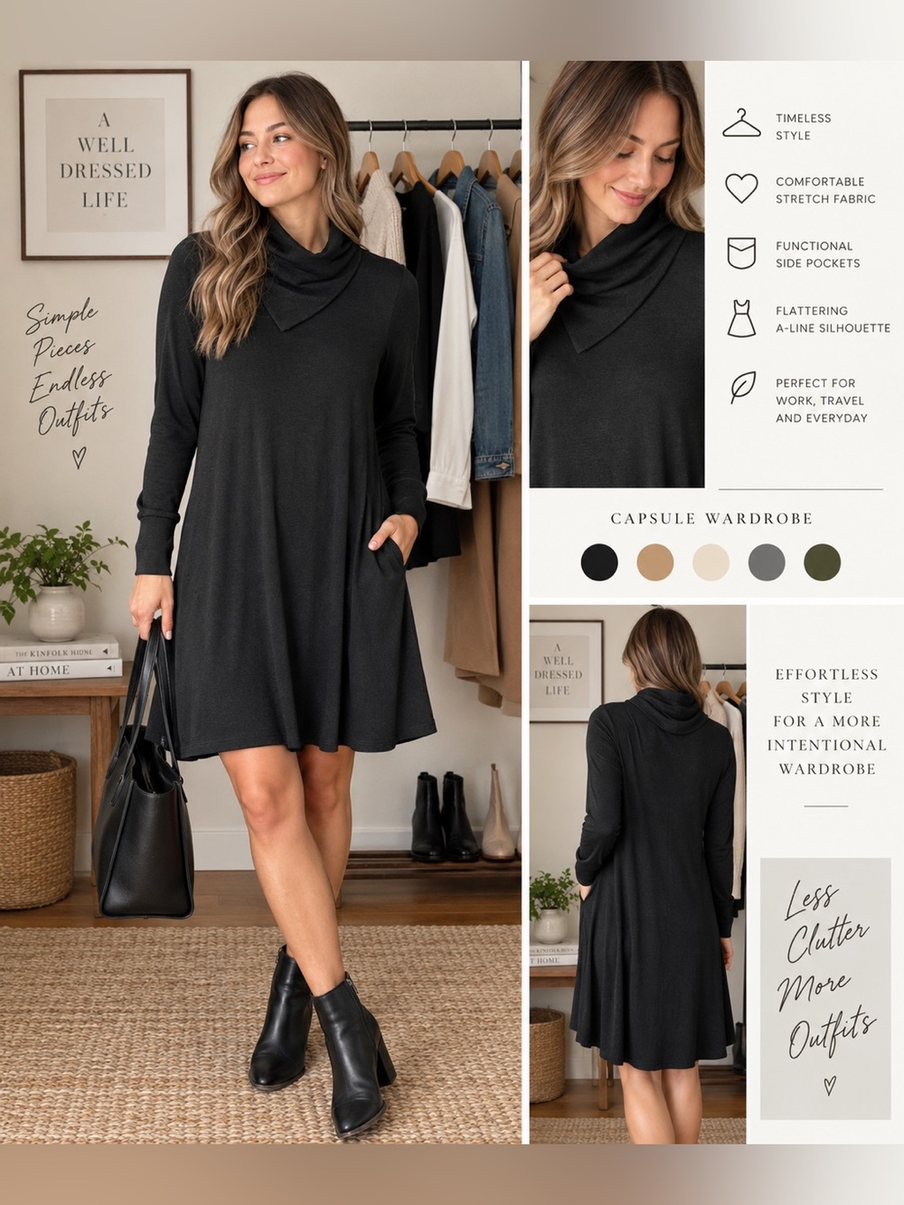 NWT Karen Kane Harvest Moon Black Drape Neck Swing Dress Size Medium